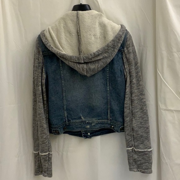 Free People Distressed Jean Jacket with Contrasting Sleeves & (Detachable) Hood - Picture 3 of 11